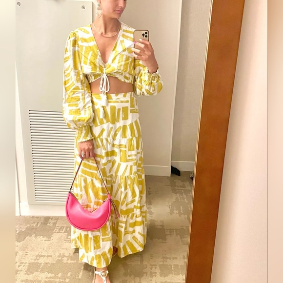 NWT House of Harlow 1960 Top Skirt printed Set Linen Rayon XS/S white mustard - Picture 3 of 5